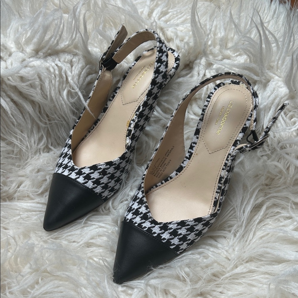 Liz Claiborne Black & White Houndstooth Pointed Slingback Kitten Heels